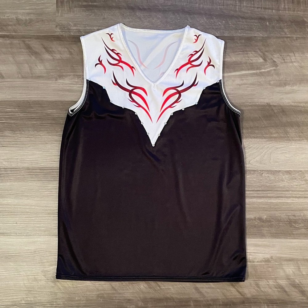 Black and White Dance Top with Red Flame Accents